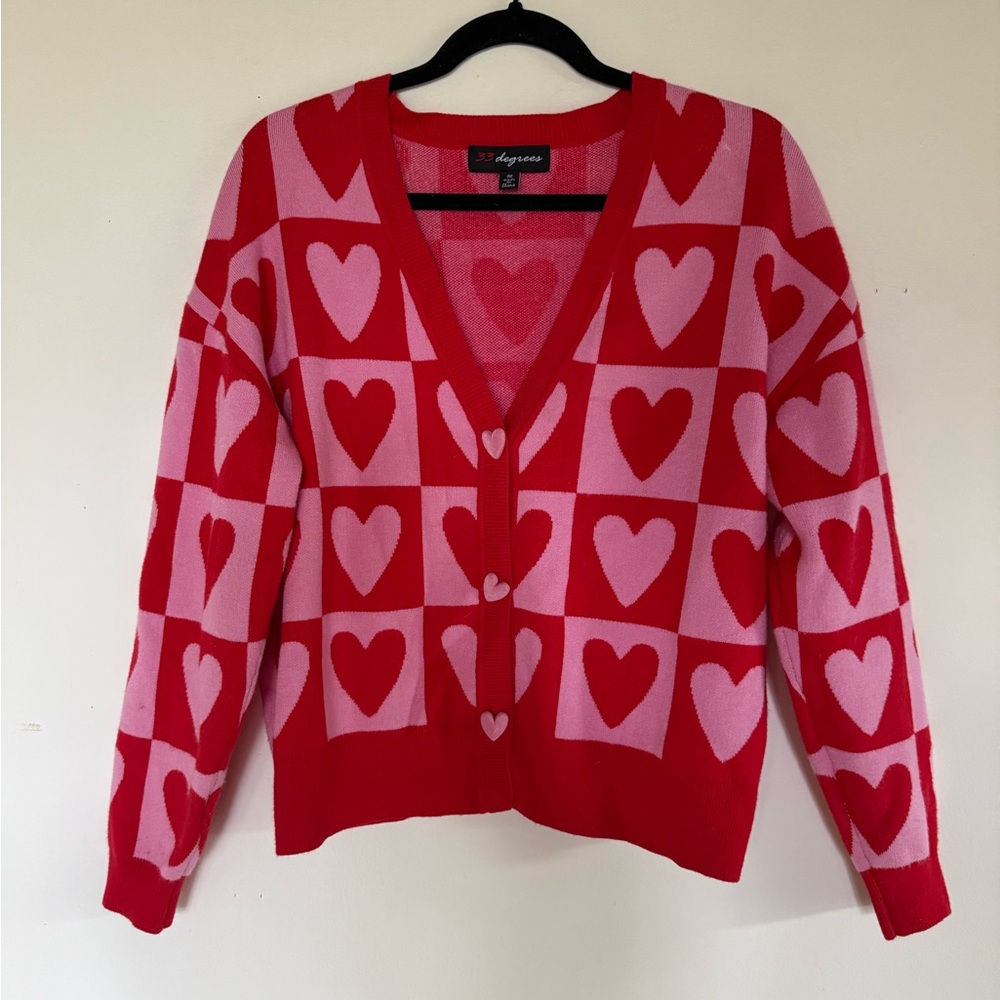 32 Degrees Red and Pink Heart-Print V-Neck Cardigan